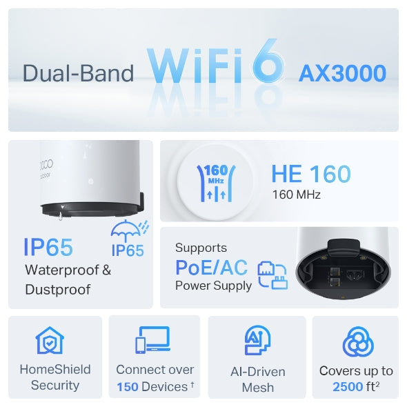 وحدة Deco X50-Outdoor / AX3000 للمنزل بالكامل مزودة بشبكة WiFi 6 للاستخدام الخارجي والداخلي