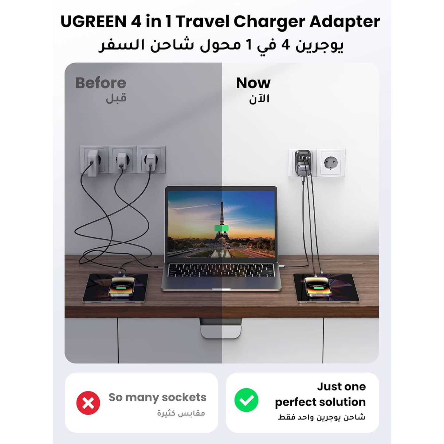 عظمة كهرباء مدمجة بشاحن 2 مدخل بقوة 30 واط مدخل انجليزي-اروبي من يوجرين/ 15290