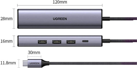 محول من USB-C إلى 3xUSB 3.0-5Gpbs+RJ45-(1000M) مع منفذ طاقة بي دي 100 واط  / 20932