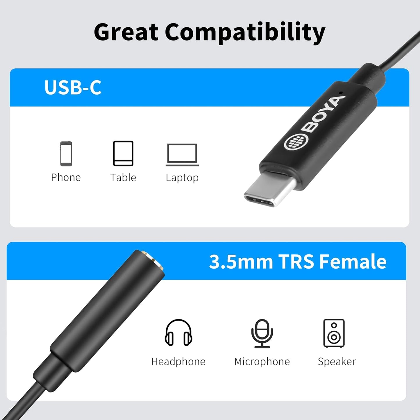كابل محول USB Type-C ذكر إلى أنثى TRS مقاس 3.5 مم من BOYA BY-K4 