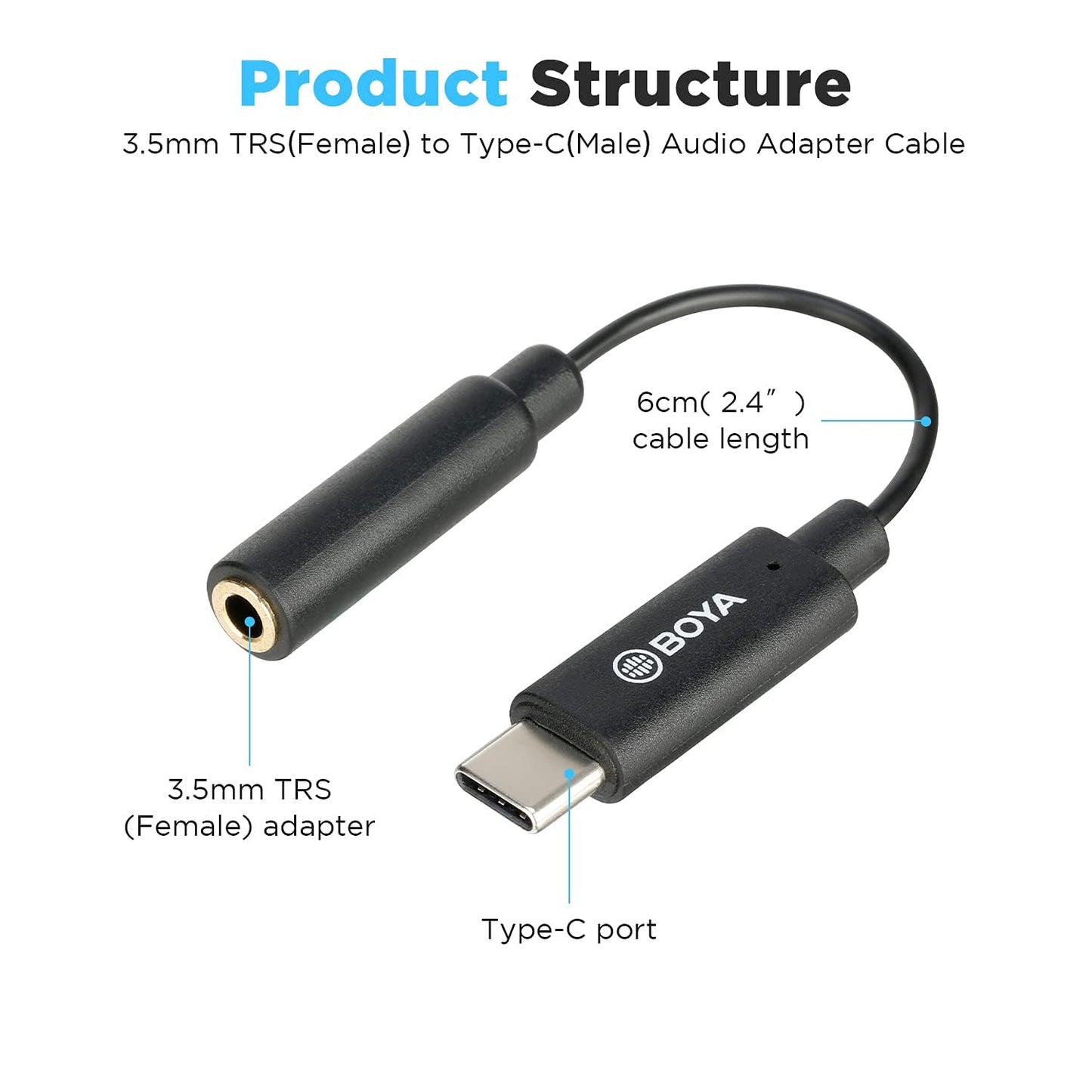 كابل محول USB Type-C ذكر إلى أنثى TRS مقاس 3.5 مم من BOYA BY-K4 