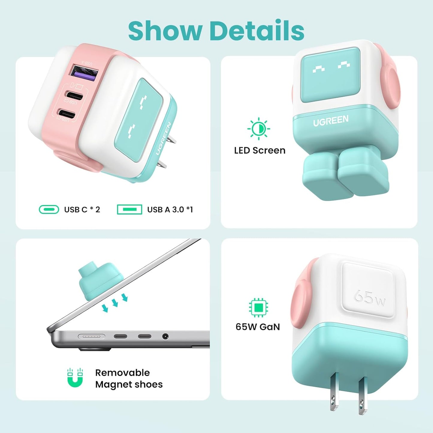 شاحن يوجرين على شكل روبوت 3 منافذ شاحن سريع بقوة 65 واط / 25685B