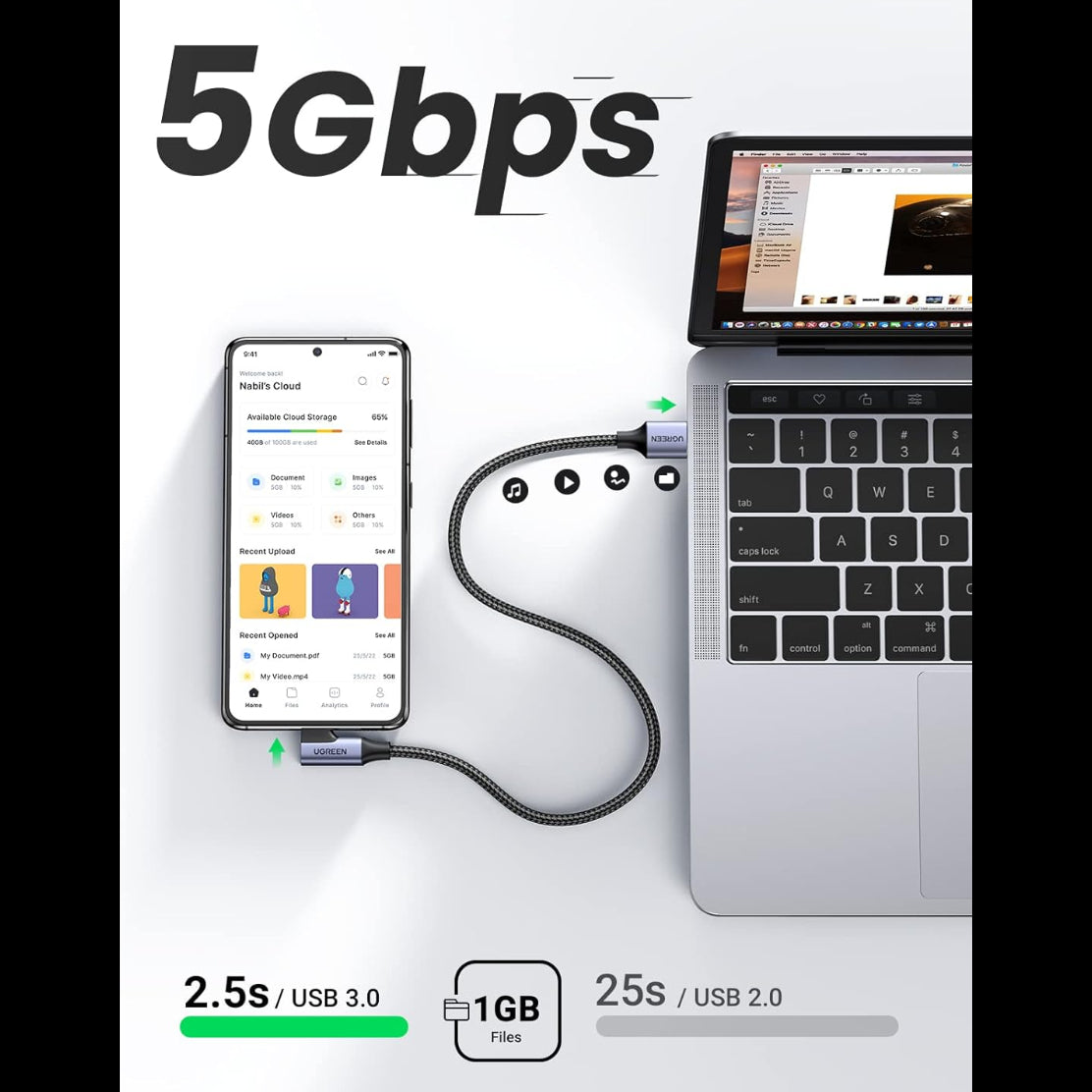 UGREEN Right Angle USB C Cable 3.0 Type C Charger 5Gbps/ 1Meter /US385 - 20299