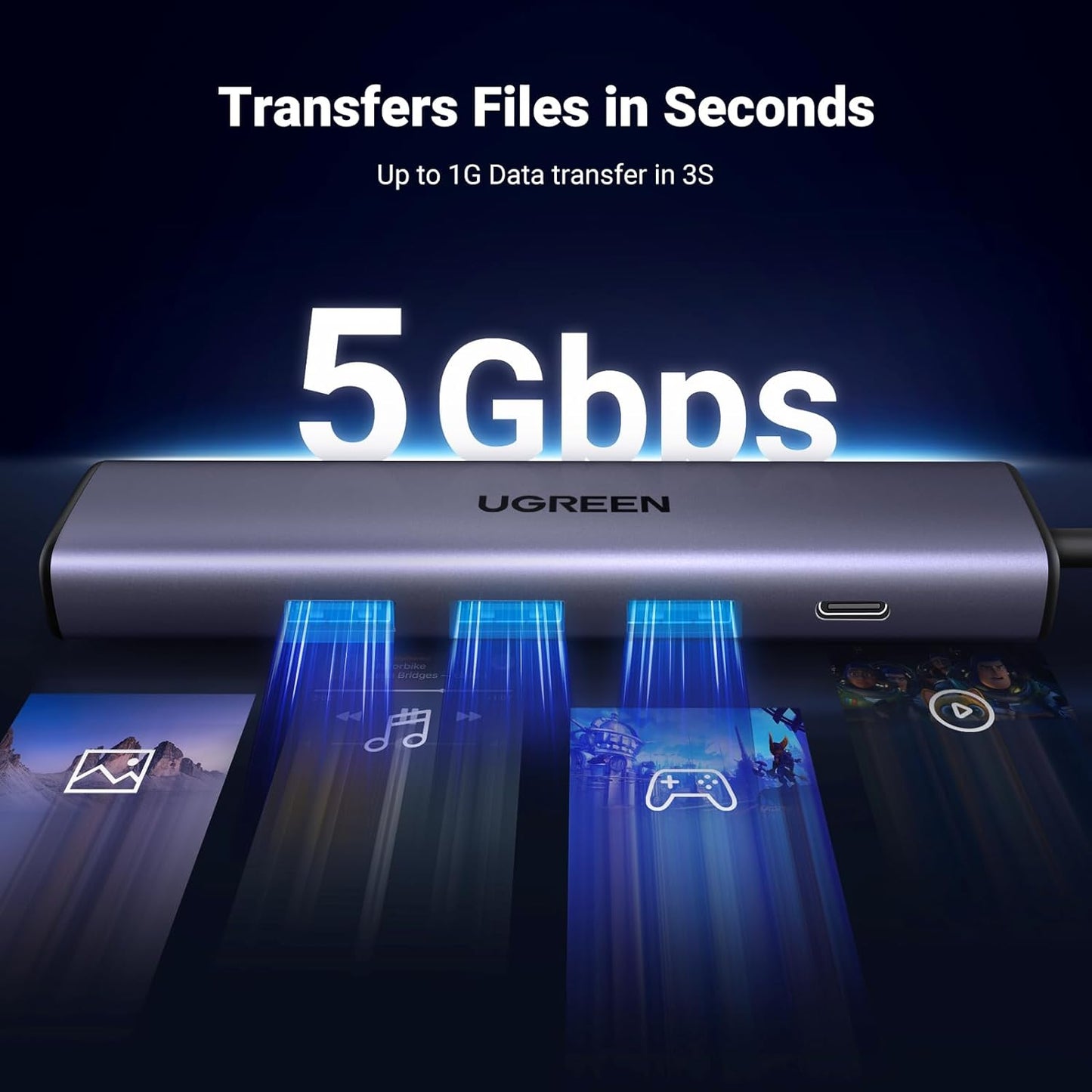 محول إيثرنت USB3.0 إلى 3 منافذ USB3.0 +RJ45 (1G) من يوجرين مع مزود طاقة من النوع تايب سي /60554