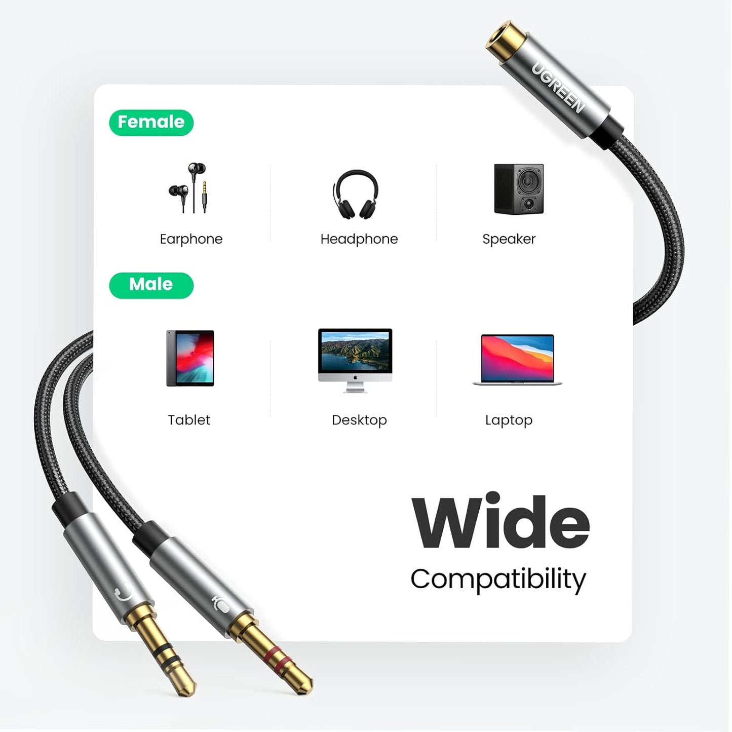 كابل صوت UGREEN 3.5 ملم أنثى إلى 2 ذكر مع هيكل من الألومنيوم (أسود)/ 20899