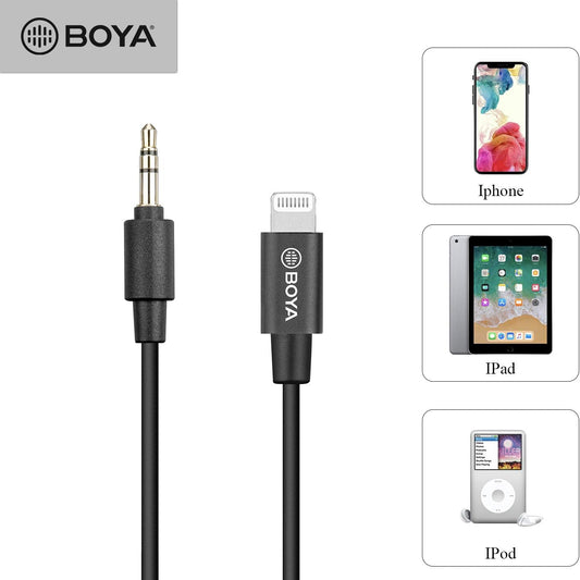 كابل محول Lightning معتمد من BOYA BY-K1 مقاس 3.5 مم ذكر إلى كابل Lightning معتمد من Apple MFi ذكر (20 سم) 