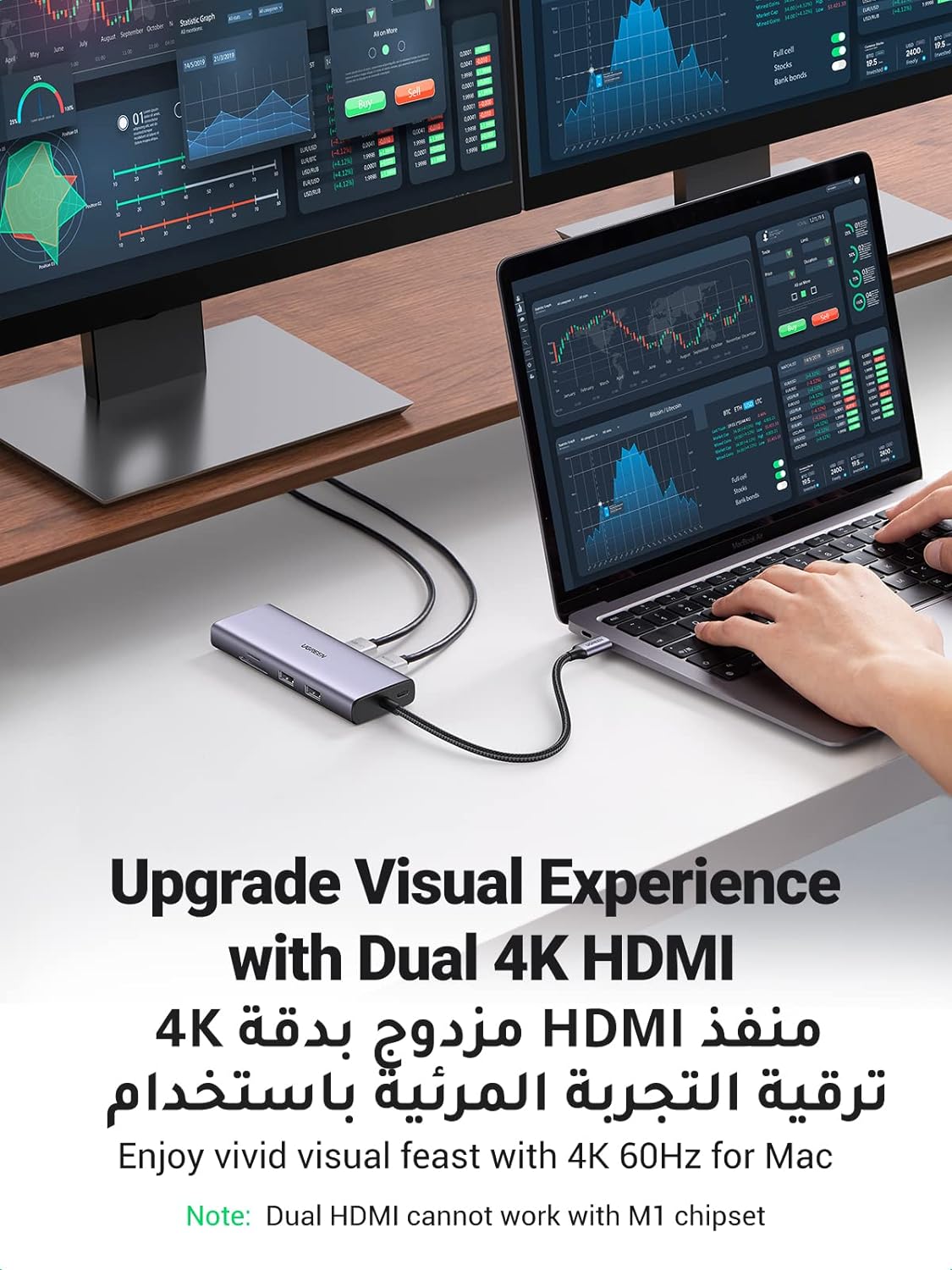 UGREEN USB-C to 2×USB 3.0+1×USB 2.0+2×HDMI+RJ45(1000M)+SD+TF+PD 4K60Hz / 90119