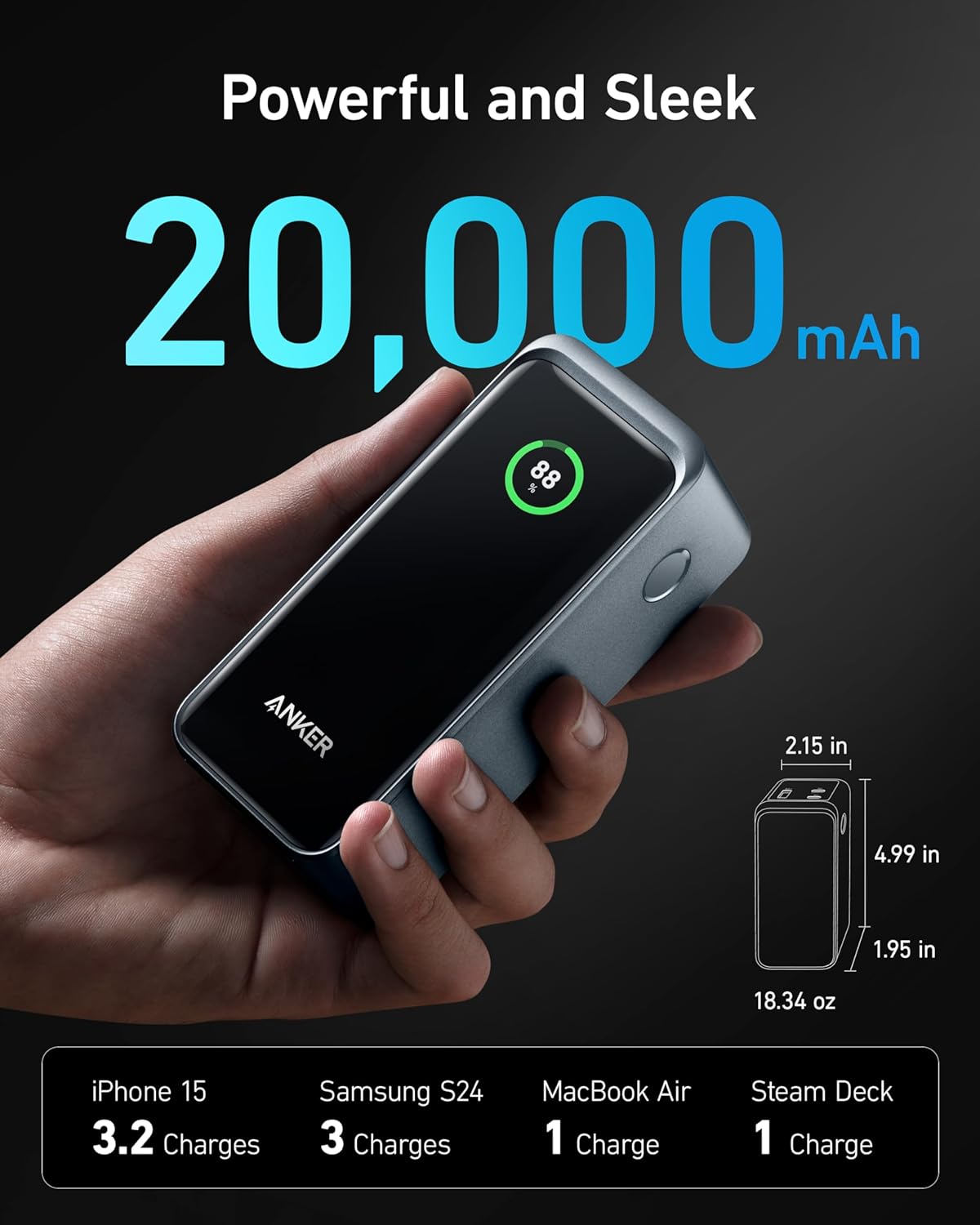 Anker Prime 20,000mAh 200W 2 USB-C and 1 USB-A Port Power Bank