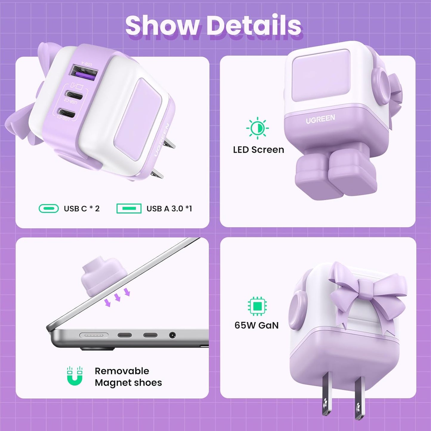 شاحن يوجرين على شكل روبوت 3 منافذ شاحن سريع بقوة 65 واط / 25685B