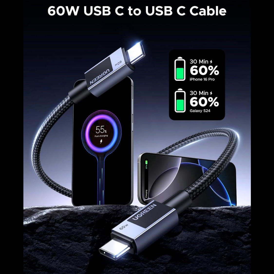 UGREEN USB-C to USB-C 60W Fast Charging Braided Cable 3A Max (Space Gray) /L524