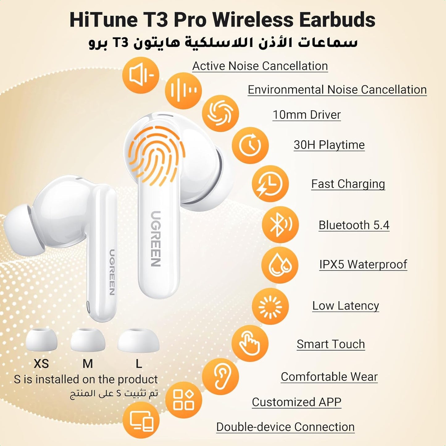 UGREEN HiTune T3 Pro Wireless Earbuds - White / 35725