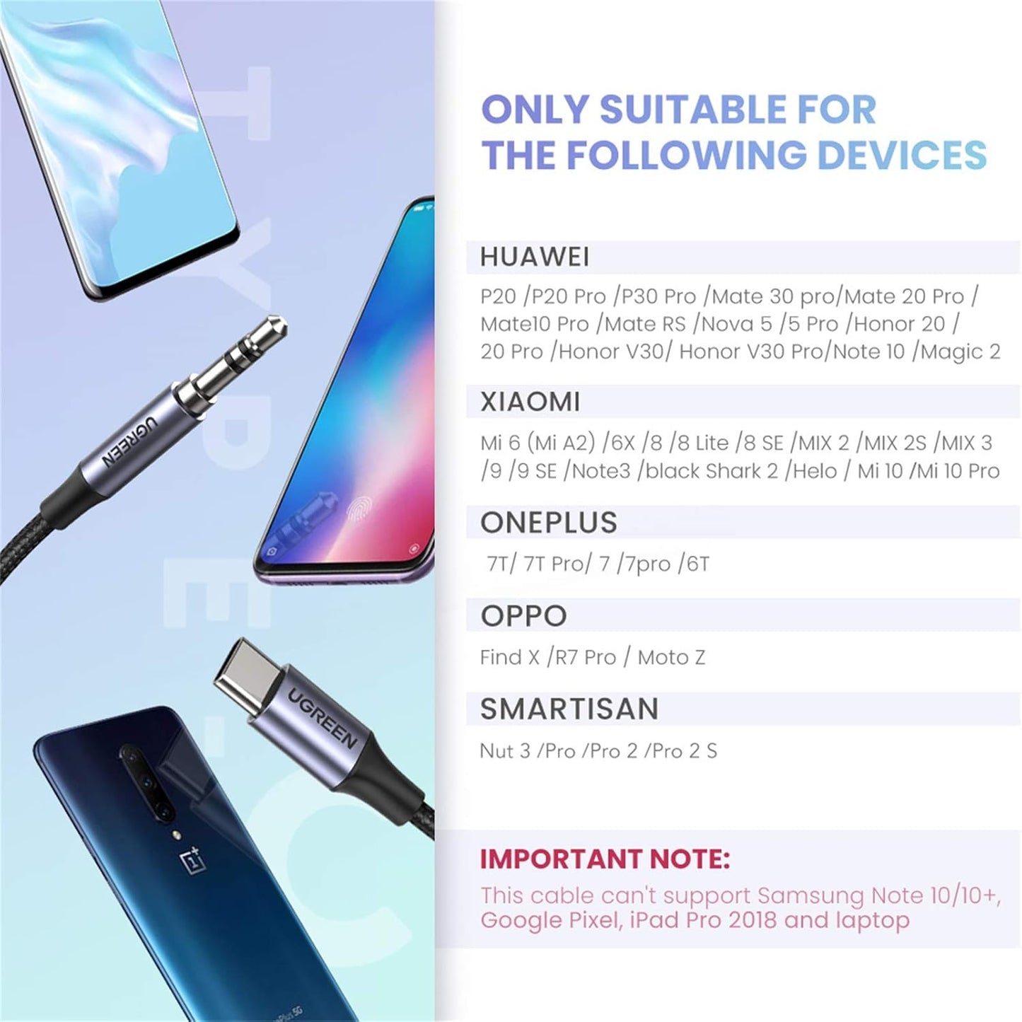 UGREEN USB C إلى 3.5 مم مضفر Aux إلى USB C سيارة ستيريو سماعة رأس جاك نوع C كابل سماعة الأذن / 30633