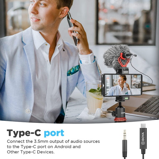 كابل محول صوت BOYA BY-K2 من TRS ذكر إلى Type-C ذكر مقاس 3.5 مم (7.8 بوصة) 