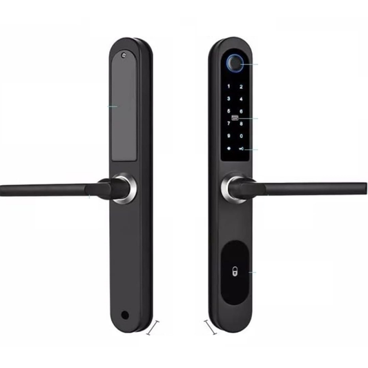 Black digital door lock with keypad on a white background