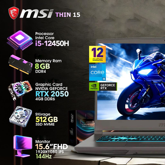 MSI Thin 15 i5 12Gen + RTX2050 + 144Hz + 512GB SSD + 8GB