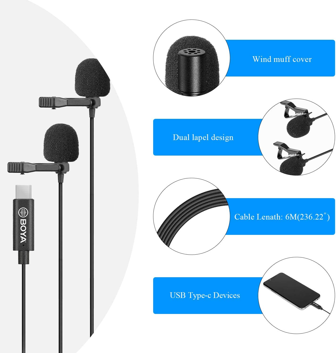 ميكروفون BOYA BY-M3D ثنائي الياقة بمنفذ USB من النوع C 
