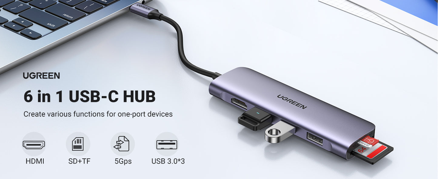 70410 / موزع من USB-C إلى 3xUSB3.0-A+HDMI+TF/SD+PD  